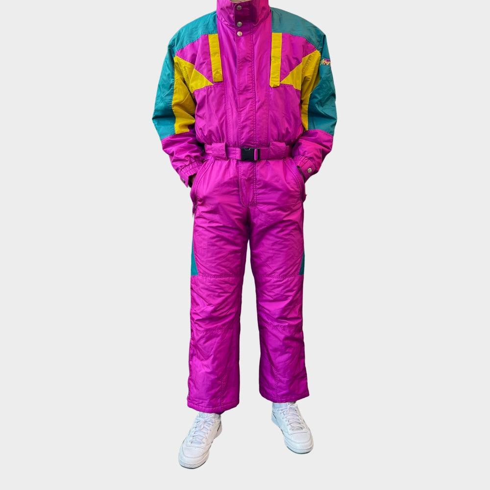 Vintage retro skisuit, ski-pak en skioverall jaren '80/'90, felgekleurde retro après-ski outfit voor carnaval 🎭, foute feestoutfit 🎿 en wintersport bij Retroskipakken.nl