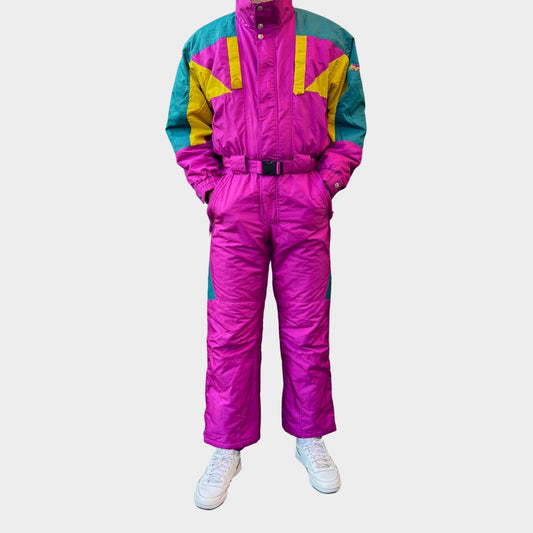 Vintage retro skisuit, ski-pak en skioverall jaren '80/'90, felgekleurde retro après-ski outfit voor carnaval 🎭, foute feestoutfit 🎿 en wintersport bij Retroskipakken.nl